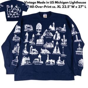 Vintage 90s Michigan Lighthouses AOP Crewneck Made USA Navy Sweatshirt XL